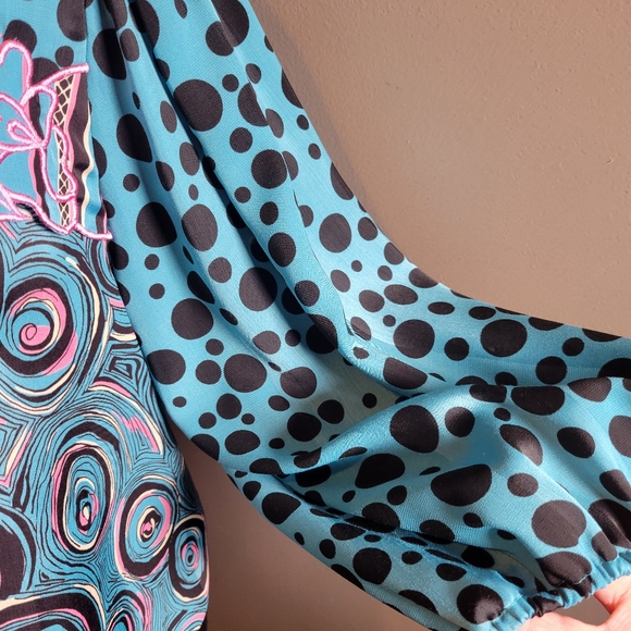 VINTAGE DIANE FREIS MIXED PATTERN PUFF SLEEVE DRAWSTRING WAIST BLOUSE - Picture 3 of 9